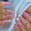 Long Press on Nails Square French Tip Fake Nails Acrylic Nails Coffin Nails Tip Full Cover Glue on Nails Pink Glitter False Nails with Rhinestone Butterfly Design Summer Stick on Nails for Women 24Pcs (E2)