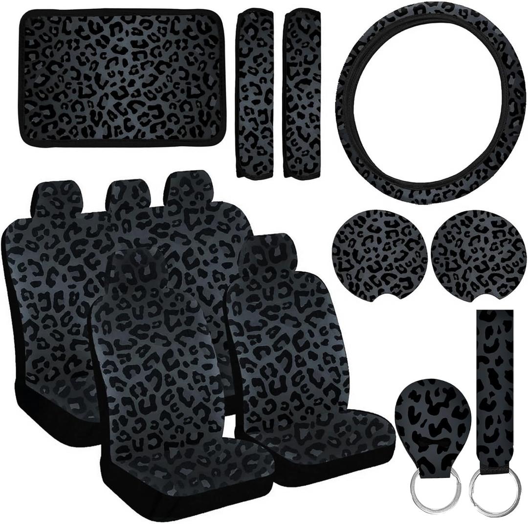 15 Pcs Black Leopard Print Printing Car Steering Wheel Cover Center Console Armrest Pad Headrest Seat Belt Cover Handbrake Cover Keychain Coaster Full Set Car SUV