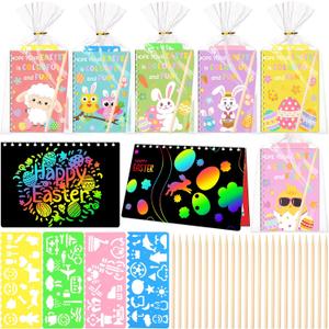 24 Sets Easter Classroom Gifts for Students Kids Bulk, Easter Rainbow Scratch Notebook Party Favor, Goodie Bag Basket Stuffer, School Class DIY Craft with Stencils, Pens, Teacher Prize Supply