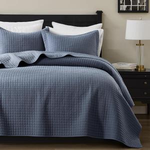 WDCOZY 100% Cotton Queen Size Quilt Set - Dusty Blue Box Pick Stitch Soft Lightweight Bedspread, Textured Like Linen, Farmhouse Country Rustic Coverlet, Shabby Chic Gauze Bedding, 3 Pieces, Full/Queen