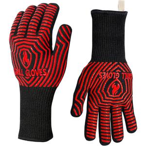 BBQ Gloves, BBQ Accessories 1472 Extreme Heat Resistant, Grilling Gloves Silicone Non-Slip Oven Mitts, Kitchen Gloves for BBQ, Grilling, Cooking, Baking-1 Pair 14inch (One Size Fits Most(Long Cuff), Black Red)