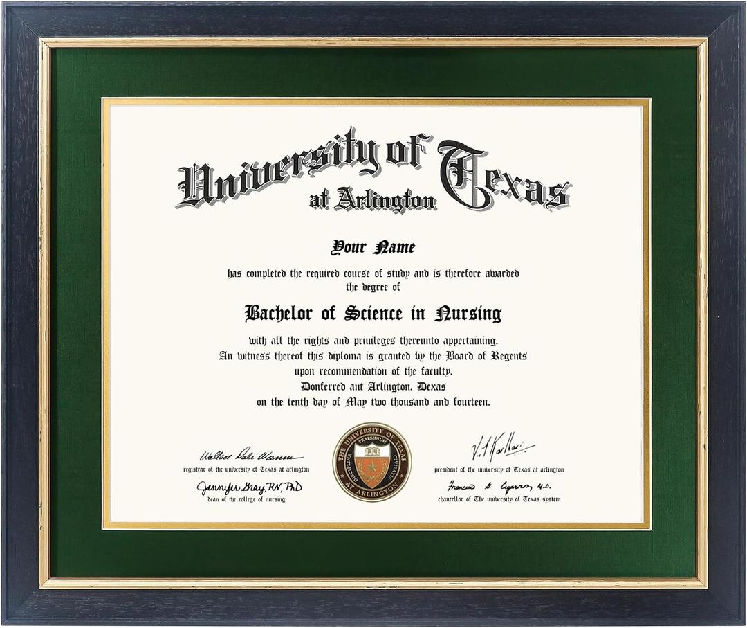 GMFrames 11x14 Wood Diploma Frame with Green Mat or Display 14x17 Certificates without Mat,UV Protection Acrylic,Rustic Black Finish with Gold Trim