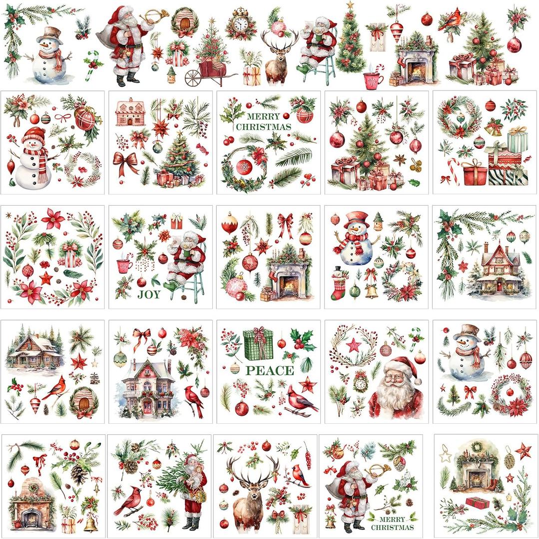 25 Sheets Christmas Rub on Transfers Stickers for Crafts and Furniture Decor Xmas Tree Santa Gnome Transfers Vintage Christmas Decals for Wood Fabric Home DIY, 5.9 x 5.9 (Santa Claus)
