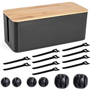 Cable Management Box - Wooden Style Cord Organizer Box to Hide Wires & Power Strips | Desk Computer Cable Organizer Box | Safe ABS Material | 12.6" (L) x 5.3" (W) 4.9" (H) | for Home & Office - Black (Medium)