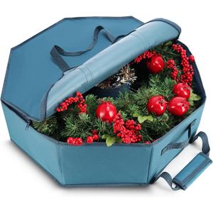 Wreath Storage Container - Hard Shell Christmas Wreath Storage Bag with Interior Pockets, Dual Zipper and Handles - 24" Premium Wreath Storage Organizer Box by Hearth & Harbor