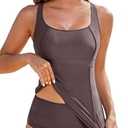 Aleumdr Women's Tankini Bathing Suit Athletic Two Piece Bathing Suit Racerback Swim Tank Top with Bottom Sporty Swimwear Dark Brown Medium