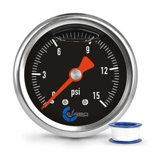 1-1/2" Fuel Pressure Gauge, Stainless Steel Case 304, Chrome Plated Brass Connection, Glycerin Filled, 0-15 Psi, Accuracy 3-2-3%, Back Mount 1/8" NPT Black Dial