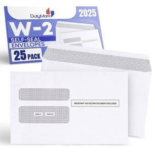 W2 Envelopes Self-Seal Designed for Printed W2 2 Up Laser IRS Tax Forms, 25 of Double Window Security Envelope, For QuickBooks Desktop and Other Tax Software, 5 5/8 x 9