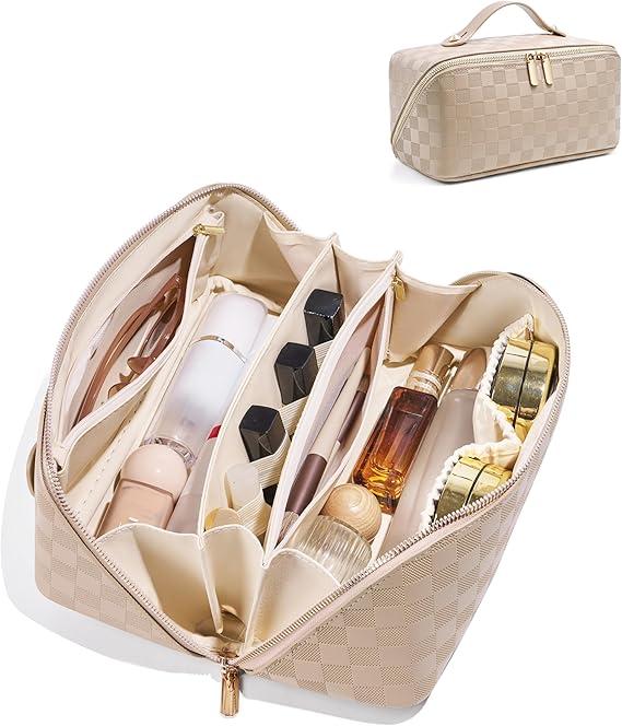 ALEXTINA Large Travel Makeup Bag Makeup Organizer with Collapsible Handle, Waterproof Cosmetic Bag for Women, Open Flat Toiletry Bag for Travel Essentials & Travel Size Toiletries,Khaki