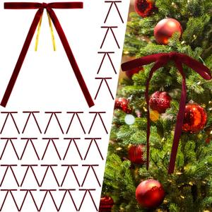 24Pcs Burgundy Velvet Christmas Tree Bows Ornaments Vintage Velvet Ribbon Bows for Tree Garland Wreath Indoor Outdoor Christmas Decor Xmas Decorations 3/8" Wide, 5 * 7 inch