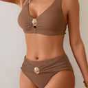 Eomenie Bikini Sets for Women Color Block Two Piece Bathing Suit V Neck Tie Back Swimsuit (Brown, S)