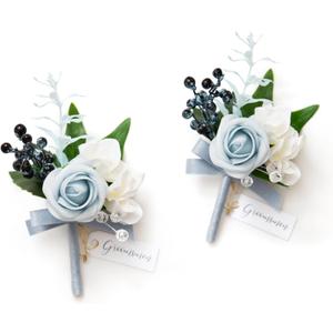 Ling's moment Boutonniere for Men, 2pcs Groom Groomsmen Guest Boutonniere, Artificial Flowers for Wedding/Prom/Homecoming, etc.Light Blue White