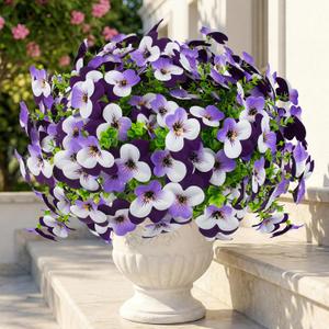 32 Pcs Artificial Pansy Flowers for Outdoor Faux Silk Spring Flowers for Outside, Realistic Pansies for Window Box, Planter, Front Door, Porch and Garden Home Decor (32, Light Purple,White,Purple)