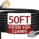 50 FT 12 Gauge Extension Cord Outdoor, Heavy Duty Weatherproof & Flame Retardant Black 3 Prong Power Cord with Light, Outside for Lawn & Garden, 15 Amps 1875 Watts 125 VAC 12AWG SJTW, ETL Listed