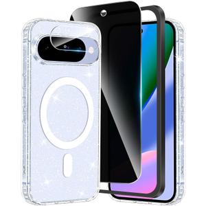 Magnetic for Google Pixel 10 Case Glitter with Privacy Screen Protector & Camera Lens Protectors, [Anti Yellowing] Shockproof Women Girls Slim Bling Sparkly Bumper Cover Phone Cases