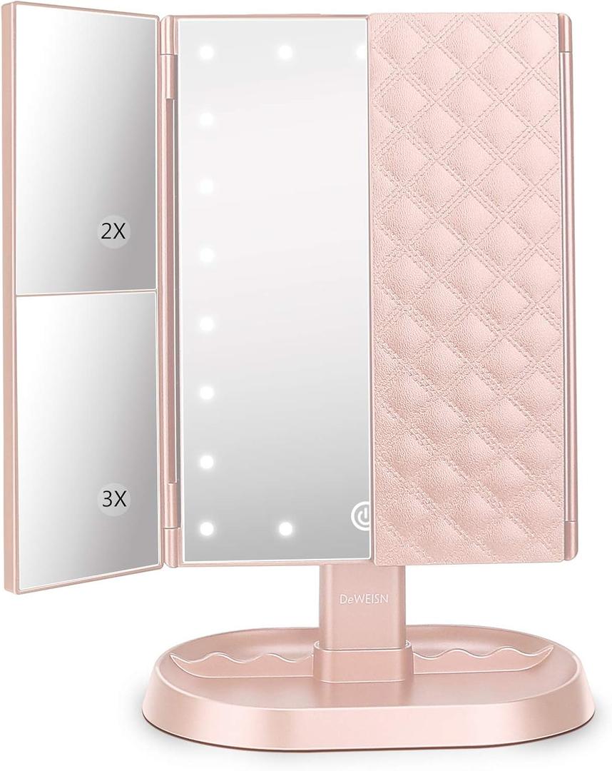 deweisn Trifold Lighted Vanity Makeup Mirror with 21 LED Lights,1x/2x/3x Magnification and Touch Screen Dimming,Two Power Supplies Makeup Mirror, Gift for Women (Pink)