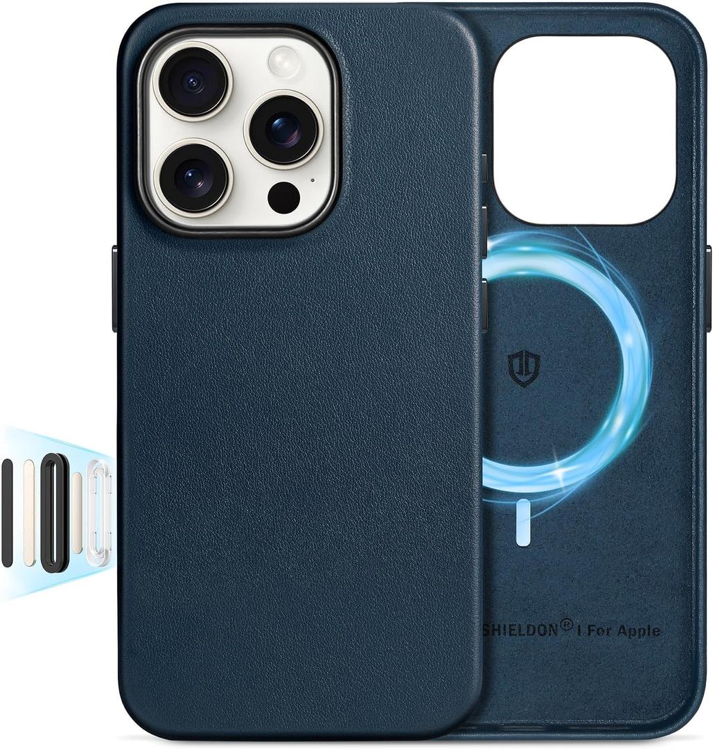 SHIELDON Case for iPhone 16 Pro 6.3", [Camera Button Updated], Compatible with MagSafe, Genuine Leather Magnetic Wireless Charging, Slim Fit, Metal Button, Shock-Absorbent Protective Case - Navy Blue