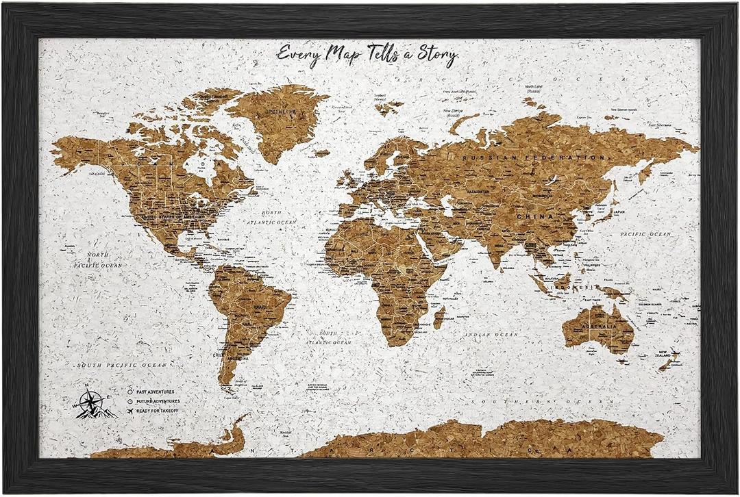 Gleneagles World Travel Map & Pin Board | Framed Pinboard | Cork Wooden Design | 70 Push Pins Included | 14.2'' x 21.2'' Personalised Home Wanderlust Decor for Travelers (Black)
