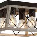 Q&S Farmhouse Ceiling Light Oak Semi Flush Mount Vintage 4-Light Square Rustic Island Light Fixtures for Entryway Hallway Dining Room Living Room Bedroom