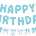 Blue Bow Happy Birthday Banner for Coquette Party Decorations Pre-Strung Glitter Bow Garland Bunting for Girls Party Decor Favor Supplies