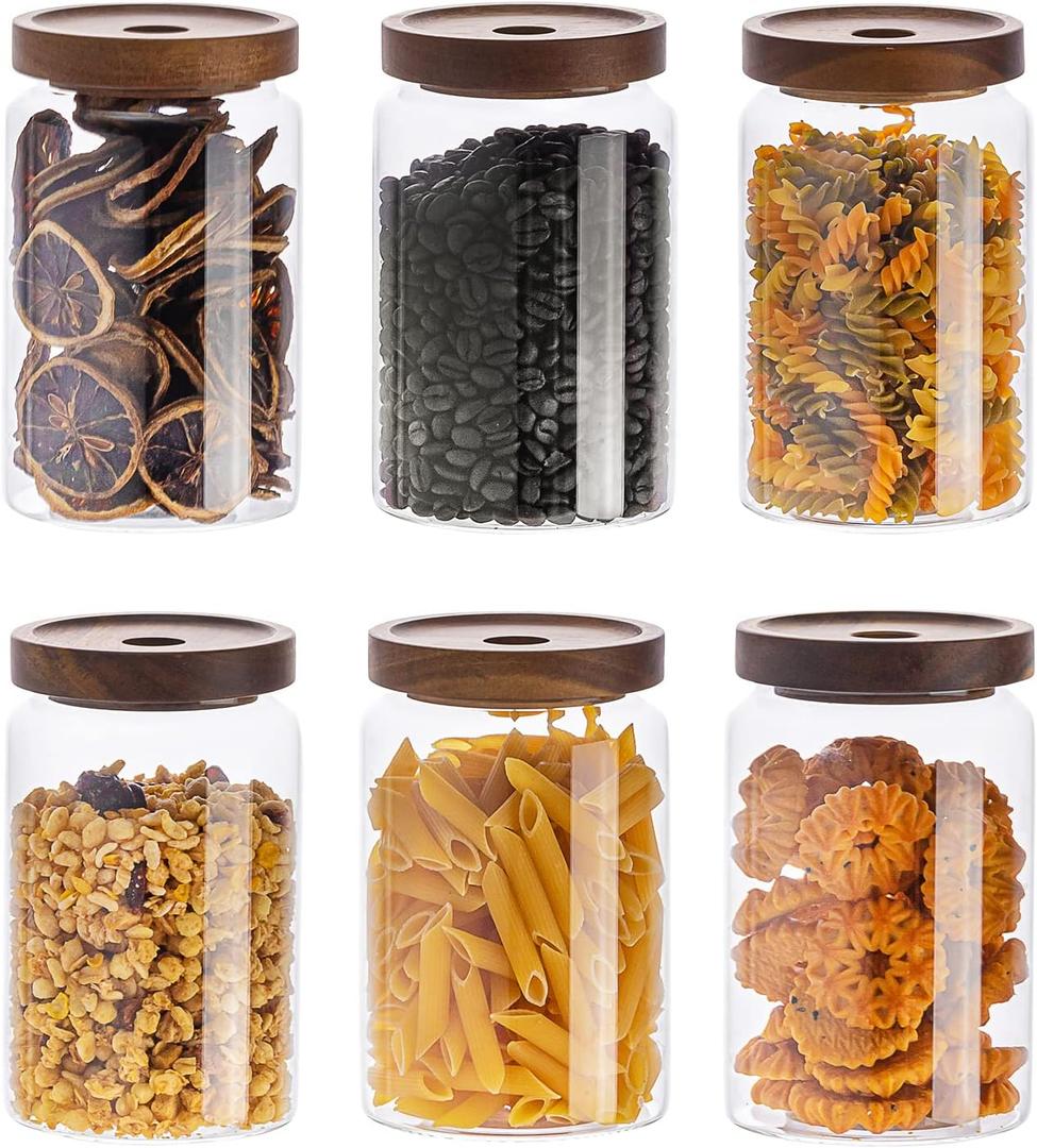 Kanwone Glass Storage Containers Set of 6, 28 Ounce Airtight Food Storage Containers with Bamboo lids, Clear Glass Jars for Pantry, kitchen, Flour, Sugar, Tea, Coffee, Snack, Cookies, Spice and Herbs
