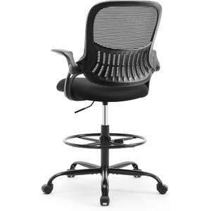 Sweetcrispy Tall Drafting Desk Chair - Ergonomic High Stool Computer with Adjustable Height and Comfy Lumbar Support, Office Rolling Counter with Flip-up Arm and Footrest, Black