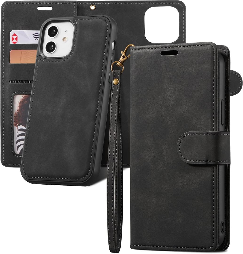 QLTYPRI Case for iPhone 12/12 Pro, 2 in 1 Detachable Wallet Case PU Leather with [Card Slots] [Kickstand][Wrist Strap][Magnetic Closure] Shockproof Flip Cover for iPhone 12/12 Pro (6.1 inch) - Black