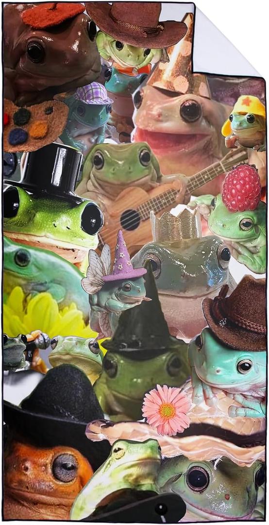 Frog Collage Beach Towel for Animal Lovers, Thin Lightweight Sand Free Quick Dry Microfiber Towels, Extra Large 36" x 72"