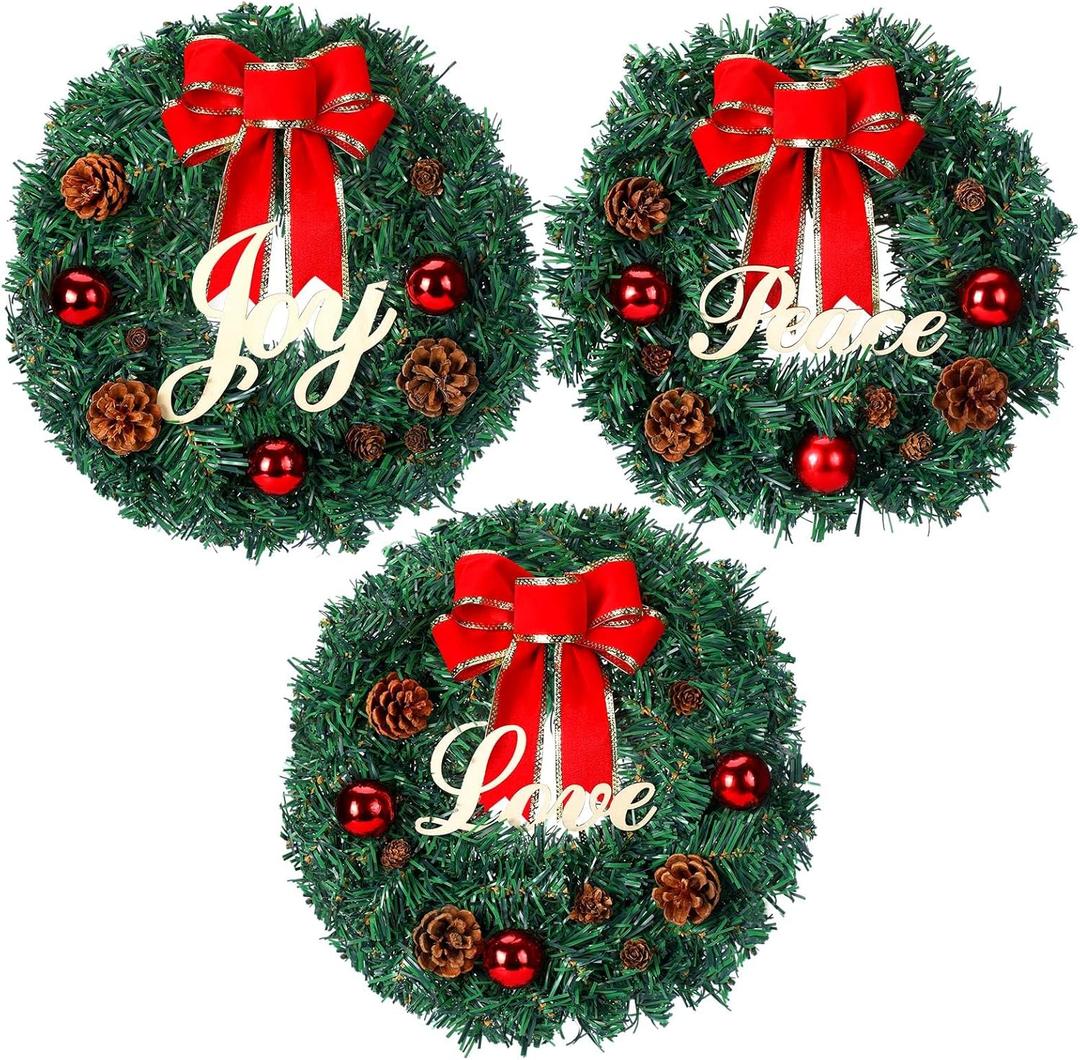 Dingion 3 Pcs 12 Inch Small Christmas Wreath for Window Mini Artificial Christmas Wreath with Red Bow Joy Peace Love Pine Cones Ball Ornaments for Holiday Front Door Wall Indoor Outdoor Decorations