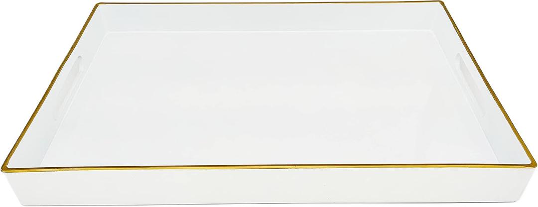 Henilosson Serving Tray with Handles, Modern Decorative Tray for Coffee Table, Plastic Rectangular Tray for Ottoman, Bathroom Vanity Tray, Decor, 15.95 x 10.4 x1.58 (White+GL)