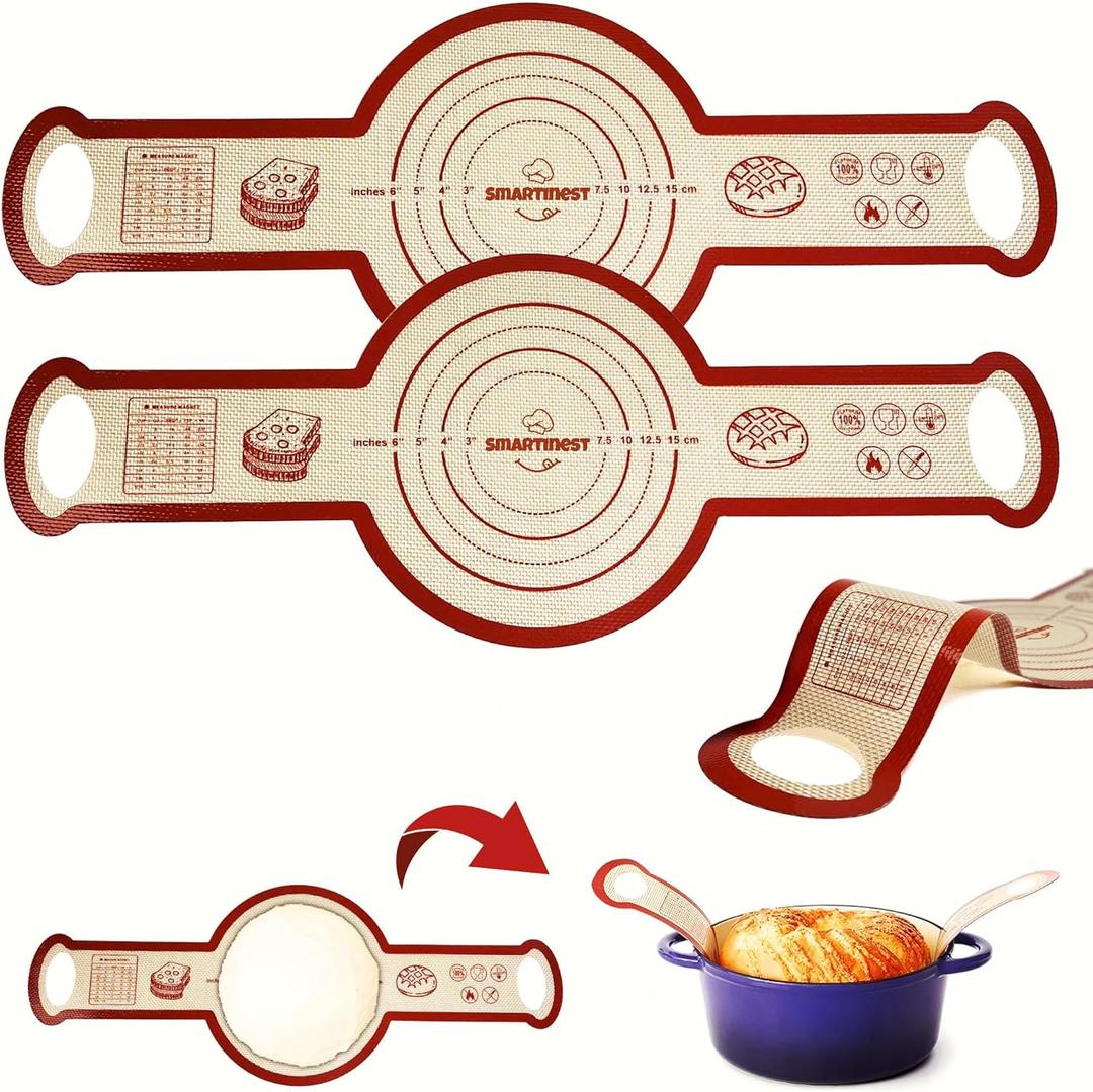 Sourdough Silicone Bread Sling for Dutch Oven, 2PCS Non-Stick Reusable Baking Mat with Long Handles, Essentials Bread Making Supplies for Dough Transfer and Loaf Pan Lifter Liner, Set 2Pcs Round
