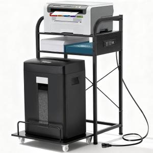 3-Tier Printer Stand with Shredder Shelf, 20" L x 14" W x 34" H, Floor-Standing Printer Stand with Power Outlet, Desk Side Printer and Shredder Stand with Storage, Black Office Storage Shelf Rack