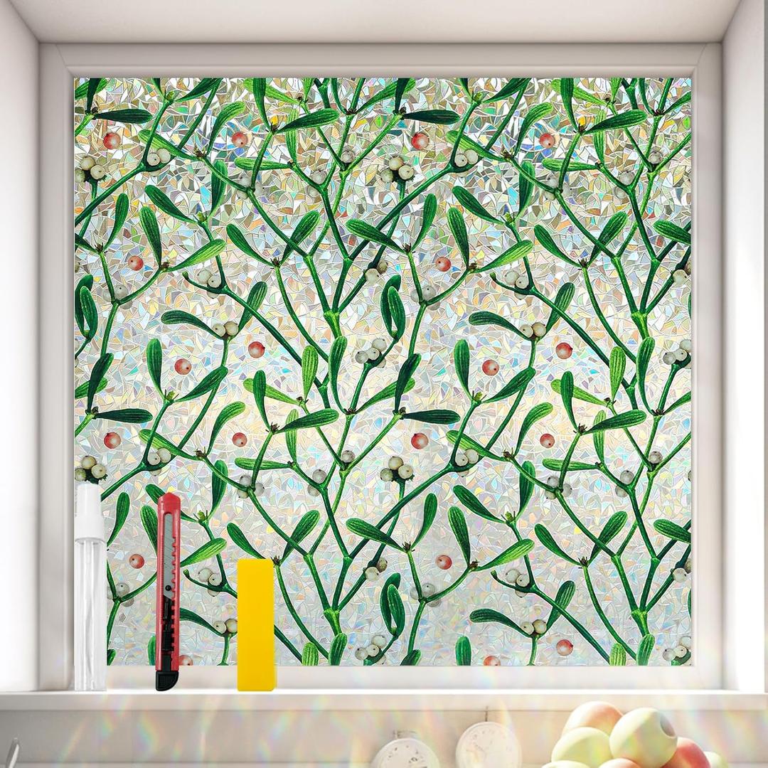 Window Privacy Film Stain Glass Window Film Rainbow Window Film Window clings Non-Adhesive Reusable Decorative for Room (Mistletoe Rainbow, 45.2 x 157.4 in)