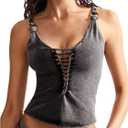 SHENHE Women's Lace Up Spaghetti Strap Tank Top Deep V Distressed Y2k Vintage Crop Top Cami (Black, XL)