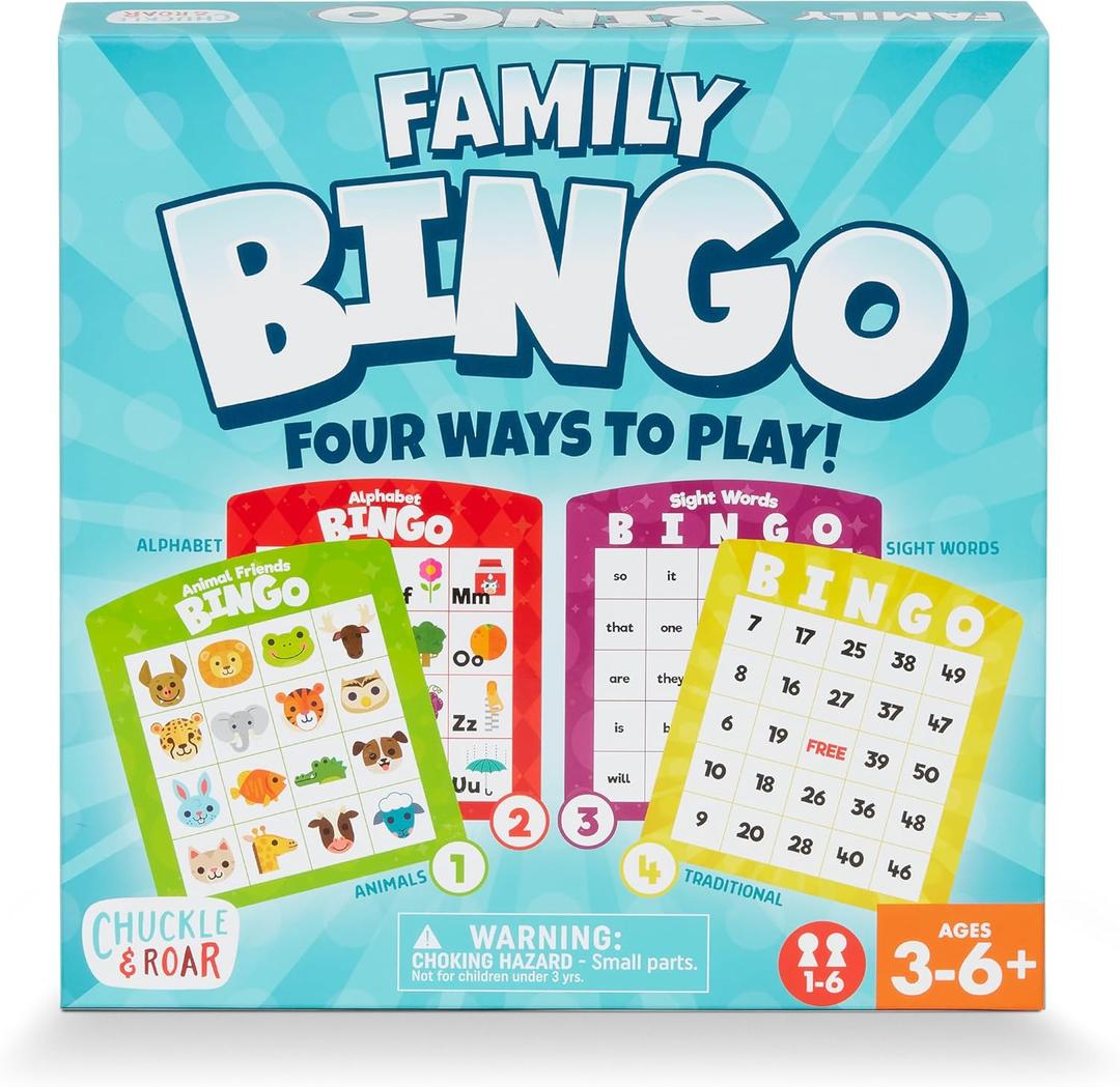 Chuckle & Roar Family Bingo  4-in-1 Educational Bingo Game for Kids Ages 36+ | Animal, Alphabet, Sight Word & Number Bingo | 16 Players