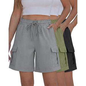 Cuffbow 3 Pack Hiking Cargo Shorts for Women 7 Inch Inseam Lightweight Athletic Summer Casual Bermuda High Waisted 4 Pockets, Large