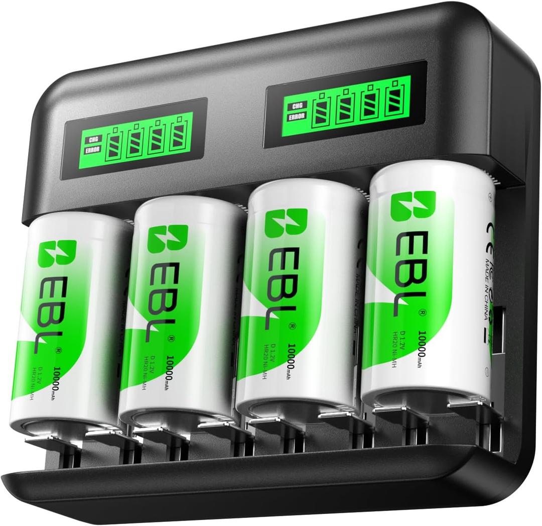 EBL Rechargeable D Batteries 4 Pack 1.2V 10000mAh High Capacity with LCD Smart Battery Charger for Ni-MH AA AAA C D Rechargeable Batteries