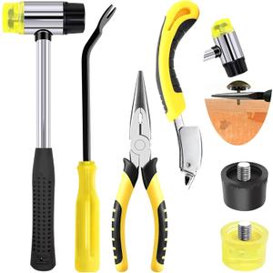 6 Pcs Upholstery Remove & Install Tools Kit Contains Rubber Mallet Hammer with 2PCS Replacement Head, Nail Tack Remover, Staple Tack Lifter and Removal Pliers for Furniture Floor Jewelry
