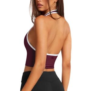 Halter Workout Top for Women: Open Back Sports Bra Color Block Tops with Built in Bra Yoga Gym Crop (L)