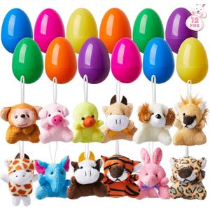 HIKISS 12 Pcs Easter Eggs with Mini Stuffed Animal Plush Toys Easter Basket Stuffers Filler for Kids Toddler Boys Girls Egg Hunt Party Favors Classroom Prize Supplies