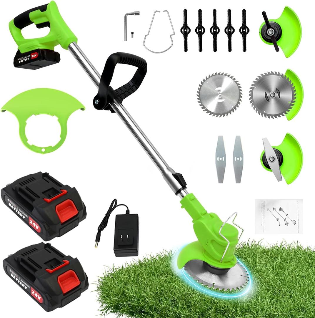 ALSO GO Electric Weed Wacker Grass Trimmer, 3 in 1 Weed Eater Battery Powered, Cordless Trimmer with 2pcs 24V Batteries, String less Lightweight Lawn Edger Brush Cutter for Lawn Garden Yard (Green)