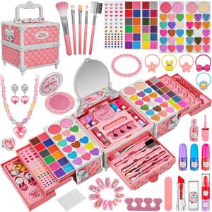 99 Pcs Kids Makeup Kit for Girls, Princess Toys Real Washable Cosmetics Set with Mirror,Rings, Necklace, Perfect for 3 4 5 6 7 8 Year Old Girls Birthday (Pink and White)