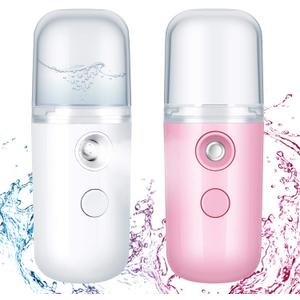 Honoson 2 Pack Nano Facial Mister Spray Bottle Handheld Humidifier Portable Face Mister for Eyelash Extensions USB Rechargeable 1 oz Mini Skin Care Machine for Daily Makeup (Dark Pink and White)