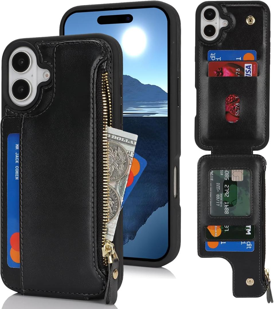 Cavor for iPhone 16 Case with Card Holder,for iPhone 16 Wallet Case for Women,Leather Zipper Pocket Shockproof Phone Cover-Black
