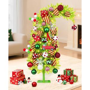 Krelymics 3FT Pre-Decorated Whimsical Small Christmas Tree with Lights, Artificial Bendable Mini Tabletop Christmas Tree with Metal Base & Ornaments for Home Holiday Decor(Lime Green)