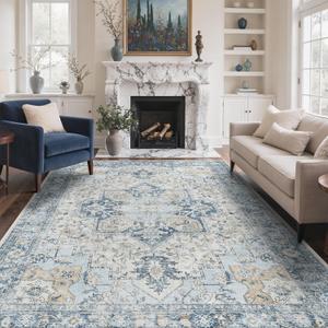GENIMO 10x14 Area Rugs for Living Room, Machine Washable Rug, Non Slip Vintage Rugs, Low Pile Lightweight Chenille Print Rug for Bedroom, Dining Room, Home Office, Blue