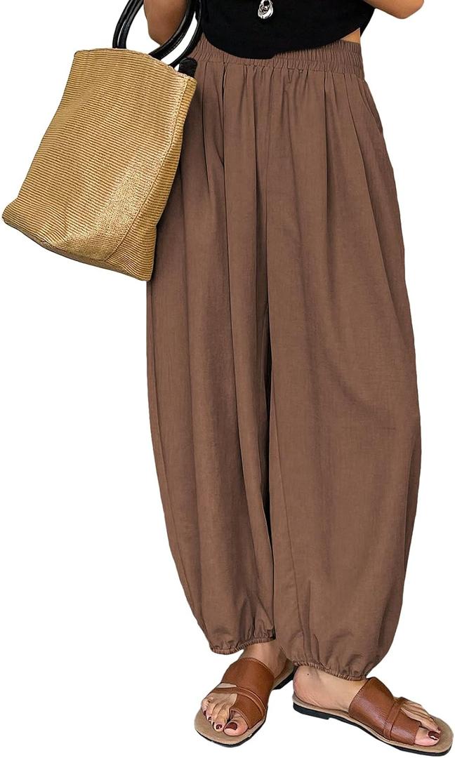 stylish Womens Wide Leg Harem Pants with Pocket High Waisted Capri Baggy Boho Yoga Pants with Pockets (Coffee.XL)