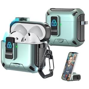 R-fun Compatible with AirPods 4th Generation 2024 Headphone Cases, Fully Drop Proof Auto Eject Protective Cover Design, New Charging Port Dust and Stand Design?Black+Apple Green