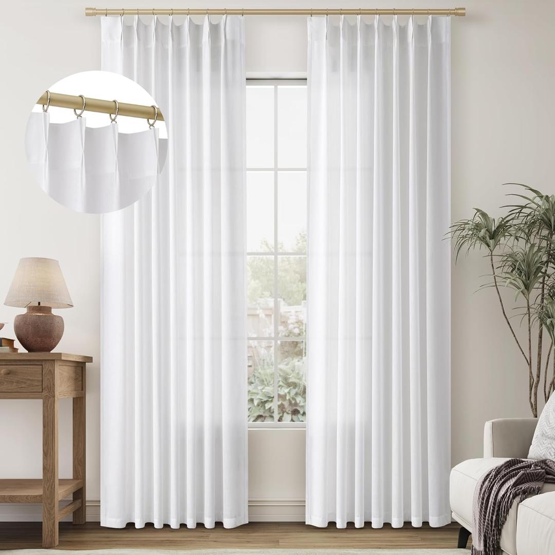 Naturoom White Linen Pinch Pleated Curtains 84 Inches Long 2 Panels for Bedroom Semi Sheer Ivory Curtains Linen Textured Drape Farmhouse Rustic Decor for Living Room Dining Room 84 Inch Length 7 FT