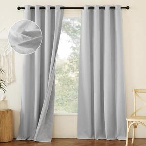 NICETOWN 100% Absolutely Blackout Faux Linen Curtains with Thermal Insulated White Liner, Greyish White, W52, 2 Pieces, Noise Reducing Faux Linen Look Curtains for Windows 90" Length for Classroom